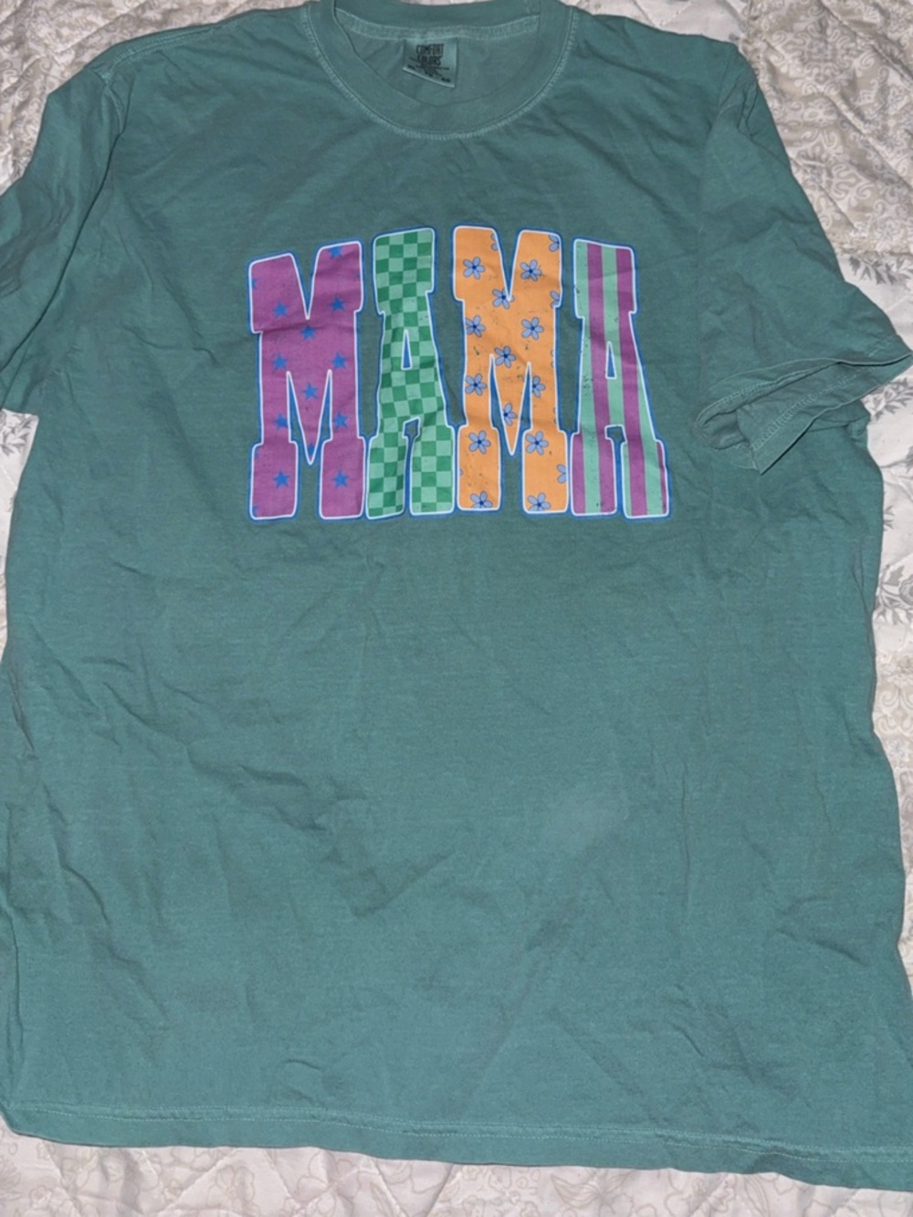 Comfort Colors Teal "MAMA" Graphic Tee with Multi-Color Lettering
